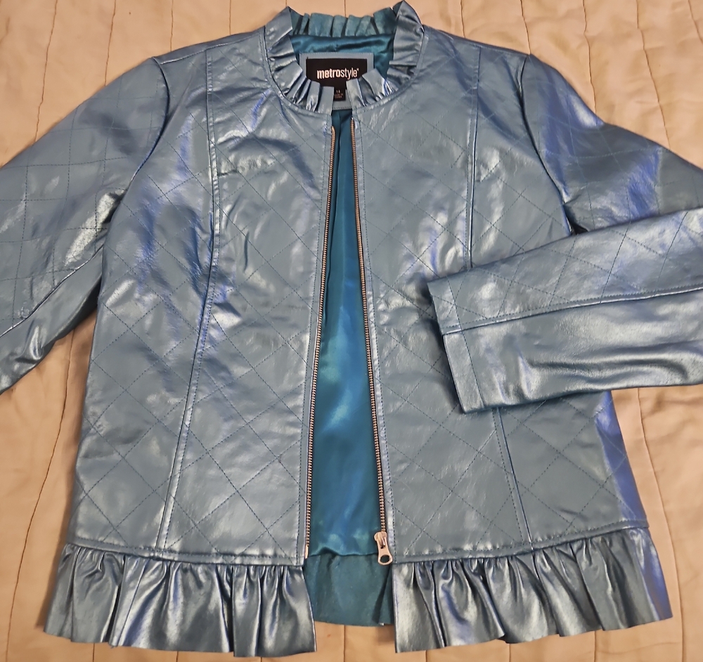 Elecrric Blue Leather Jacket with Ruffled Hem
